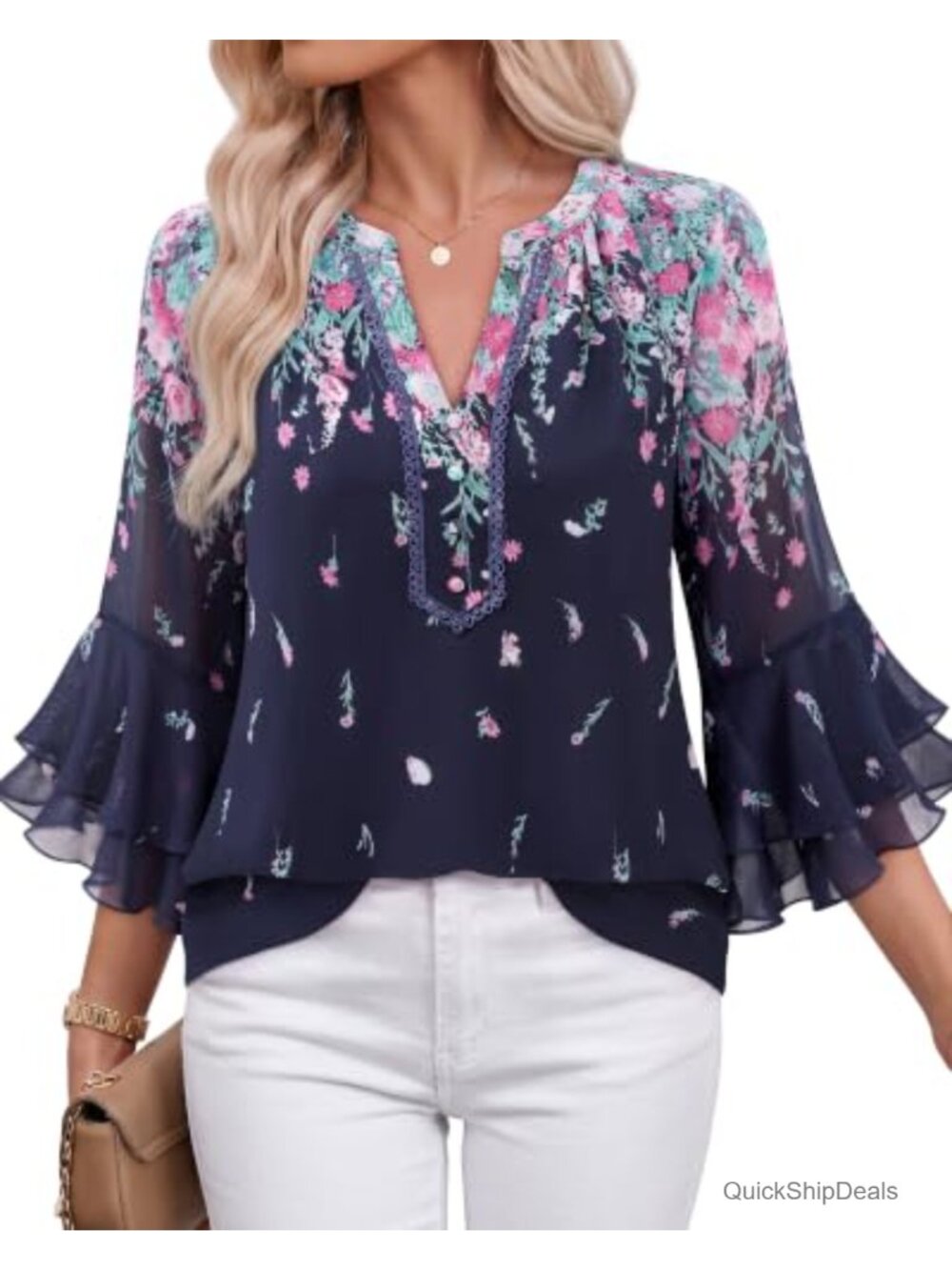 Lotusmile Womens Chiffon Blouse Embroidered V Neck Ruffle Sleeve Layers Top